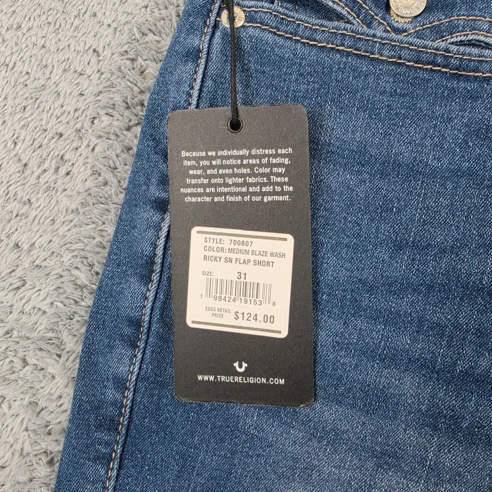 True Religion Ricky SN Flap Denim Shorts Men 31 Blue Relaxed Straight Casual NWT